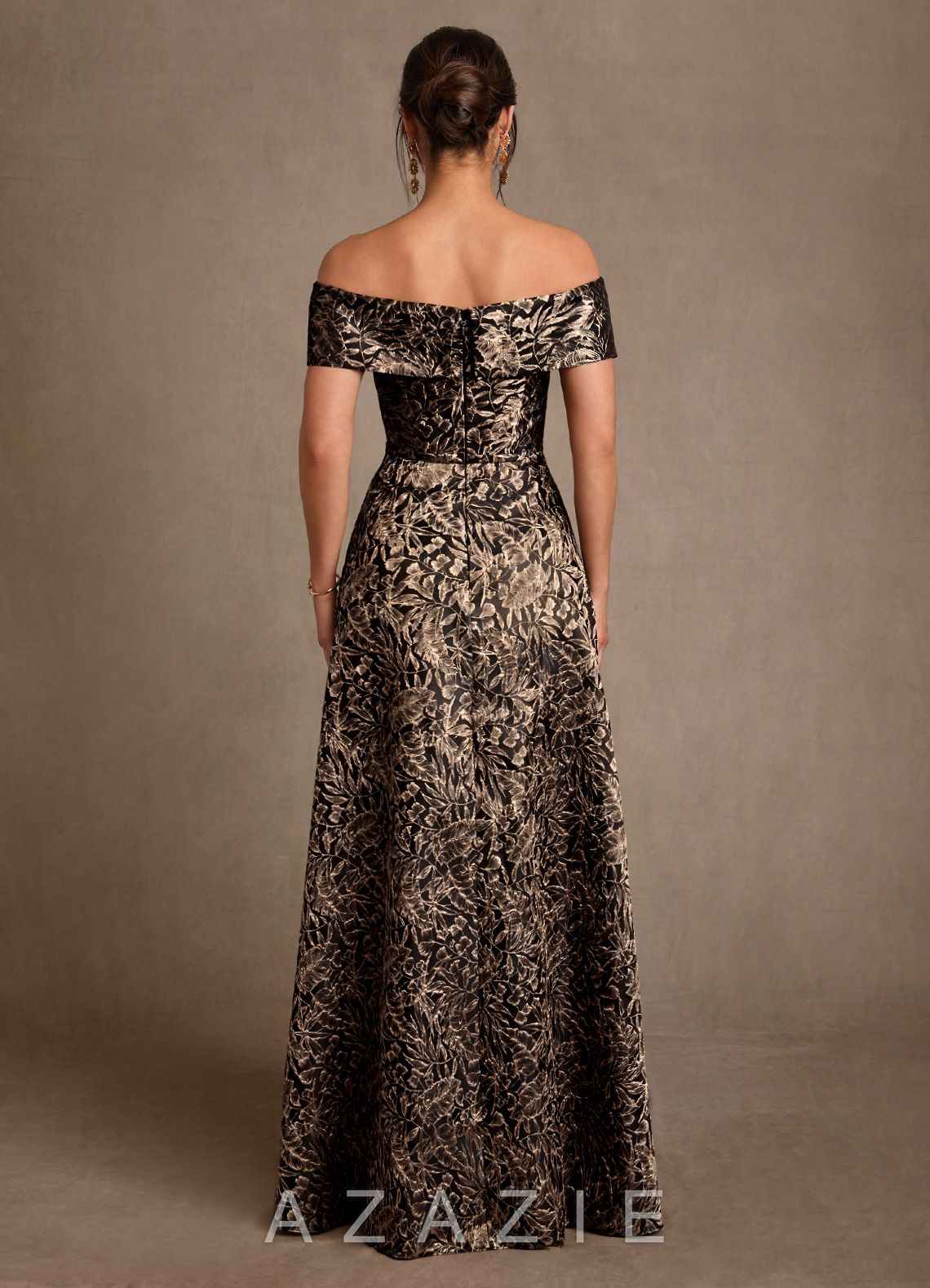 Azazie Jossie Ebony Gold Jacquard A-Line Off the Shoulder Jacquard Dress ebony_gold_jacquard