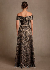 Azazie Jossie Ebony Gold Jacquard A-Line Off the Shoulder Jacquard Dress ebony_gold_jacquard