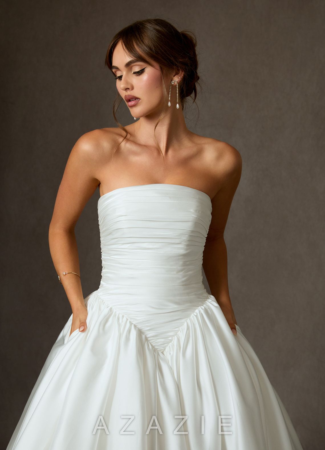 Azazie Shae Diamond White Ball-Gown Strapless Stretch Satin Dress