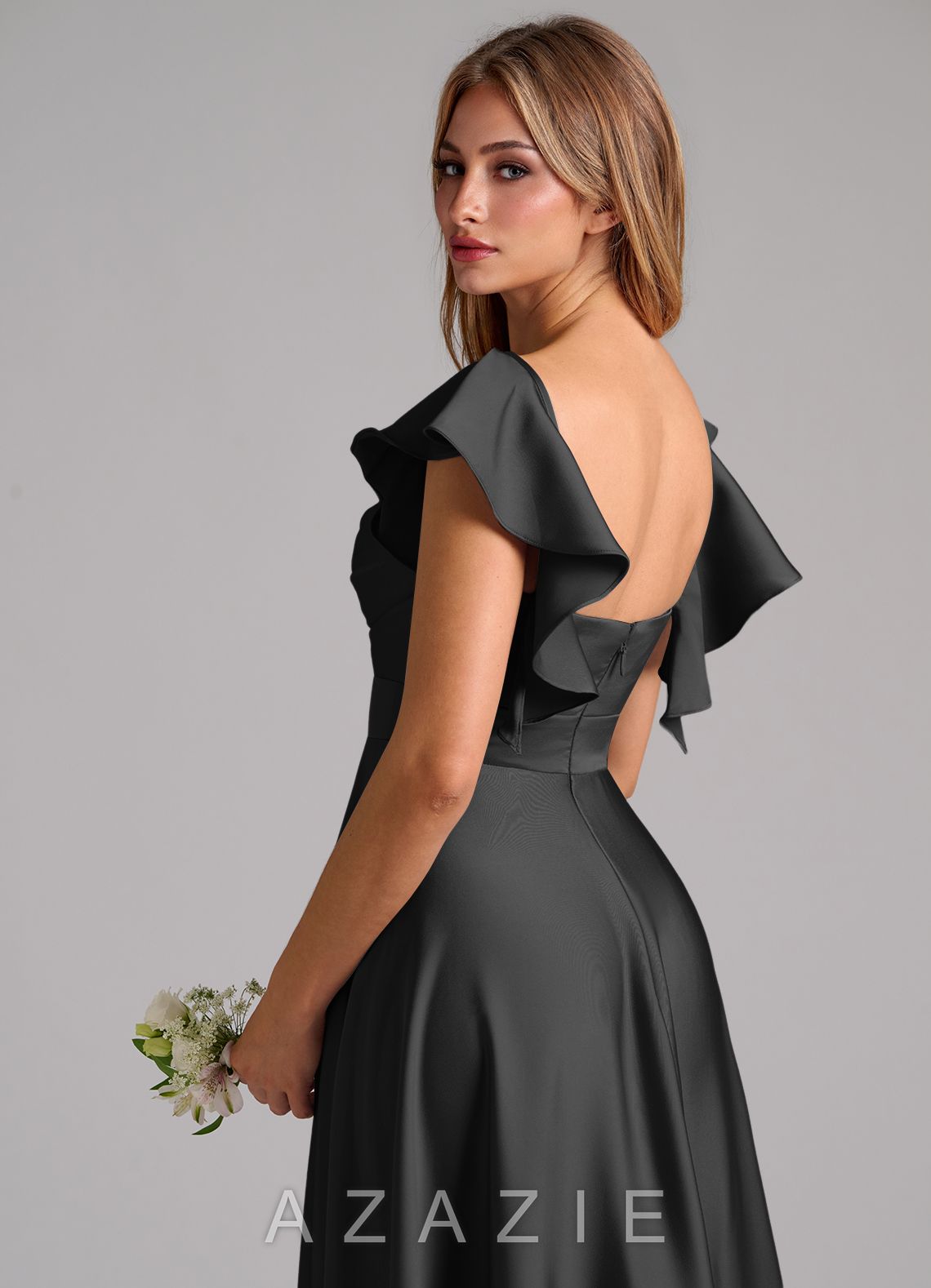 Azazie Leilani Black A-Line Ruched Stretch Satin Dress black