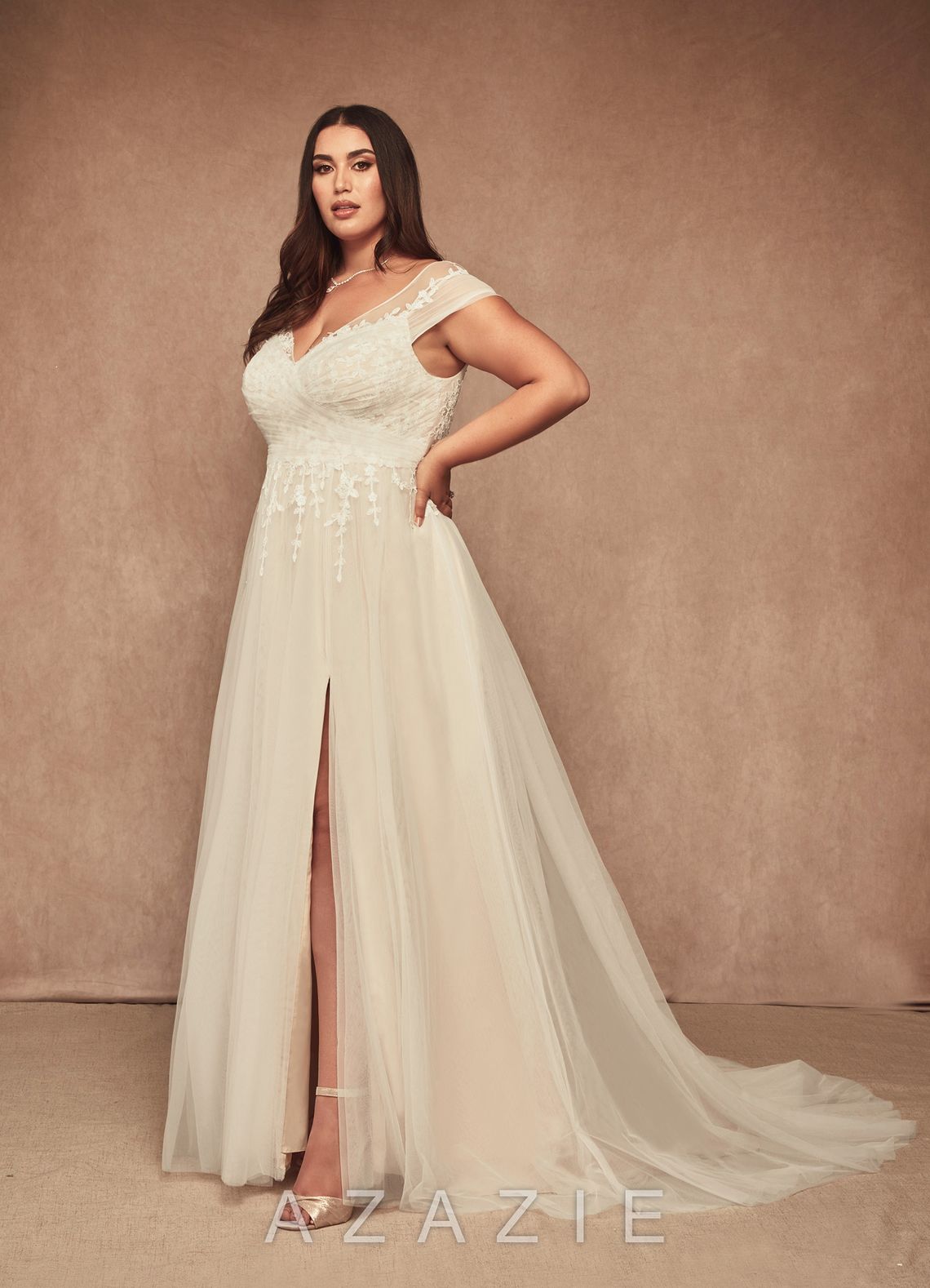 Azazie Bellisima Wedding Dress Diamond White Champagne A-Line V-Neck Tulle Dress diamond_white/champagne
