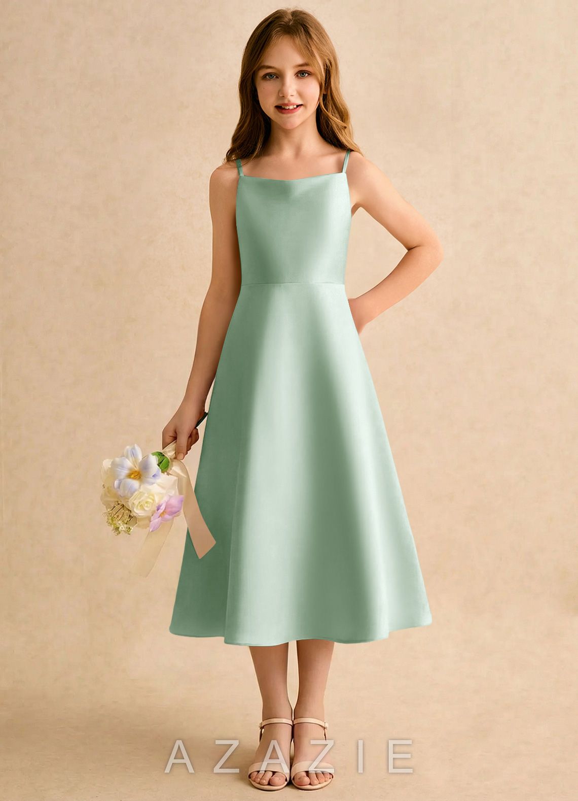 Azazie Jaella Girls Formal Agave A-Line Pleated Matte Satin Dress agave