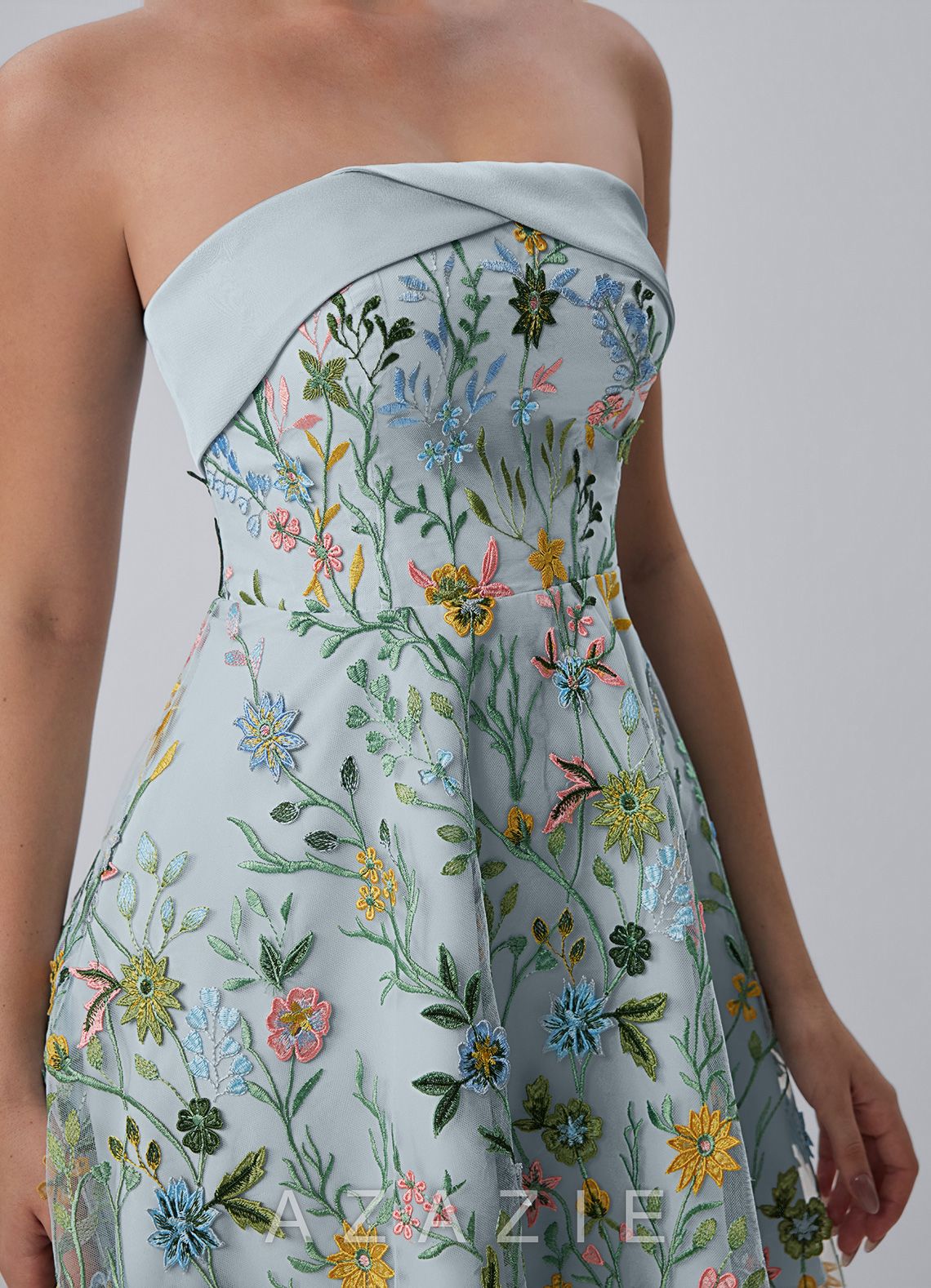 Margaux Sky Blue Strapless Floral Embroidery Lace-Up Skater Mini Dress