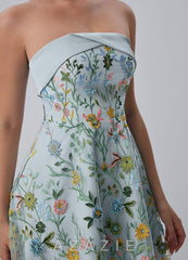 Margaux Sky Blue Strapless Floral Embroidery Lace-Up Skater Mini Dress