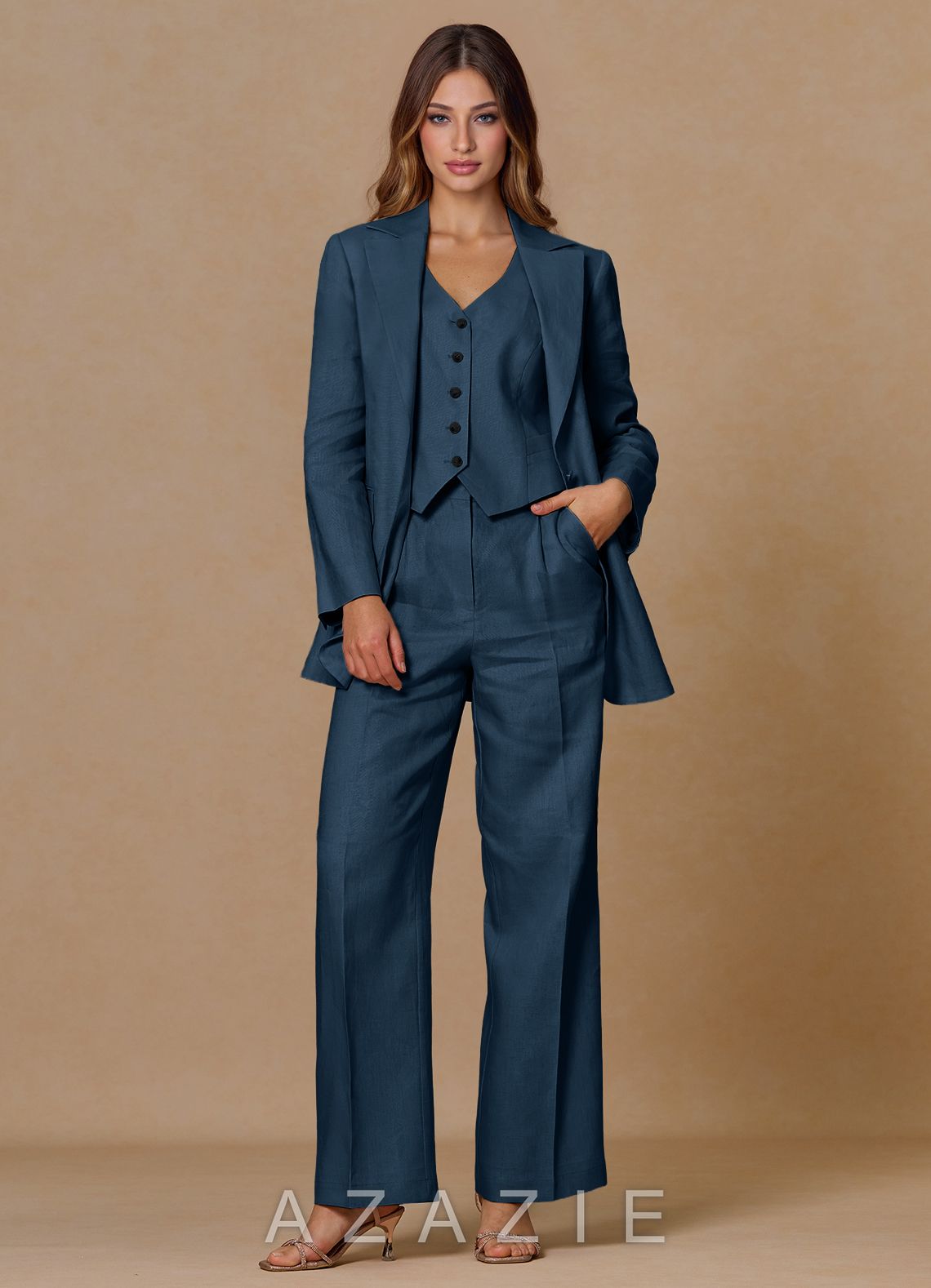Belicia Dark Navy 100% Linen 3-Piece Suit