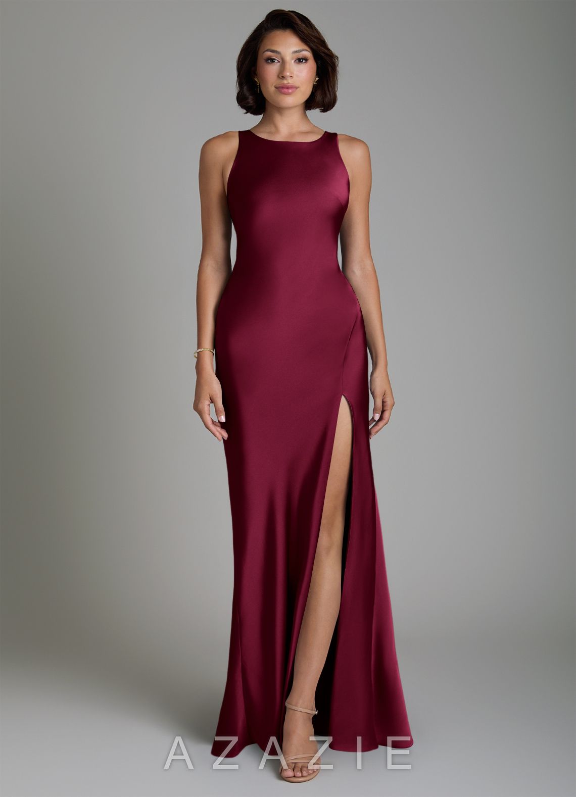 Azazie Dariah Burgundy Mermaid Side Slit Stretch Satin Dress