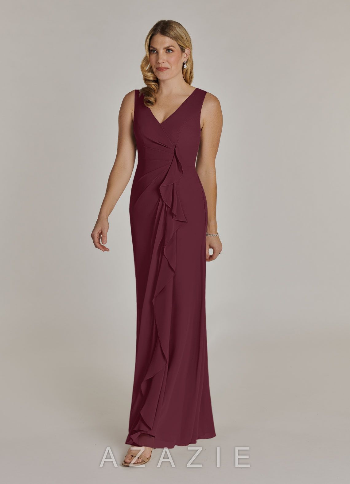 Azazie Manuella Cabernet A-Line V-Neck Pleated Chiffon Dress cabernet