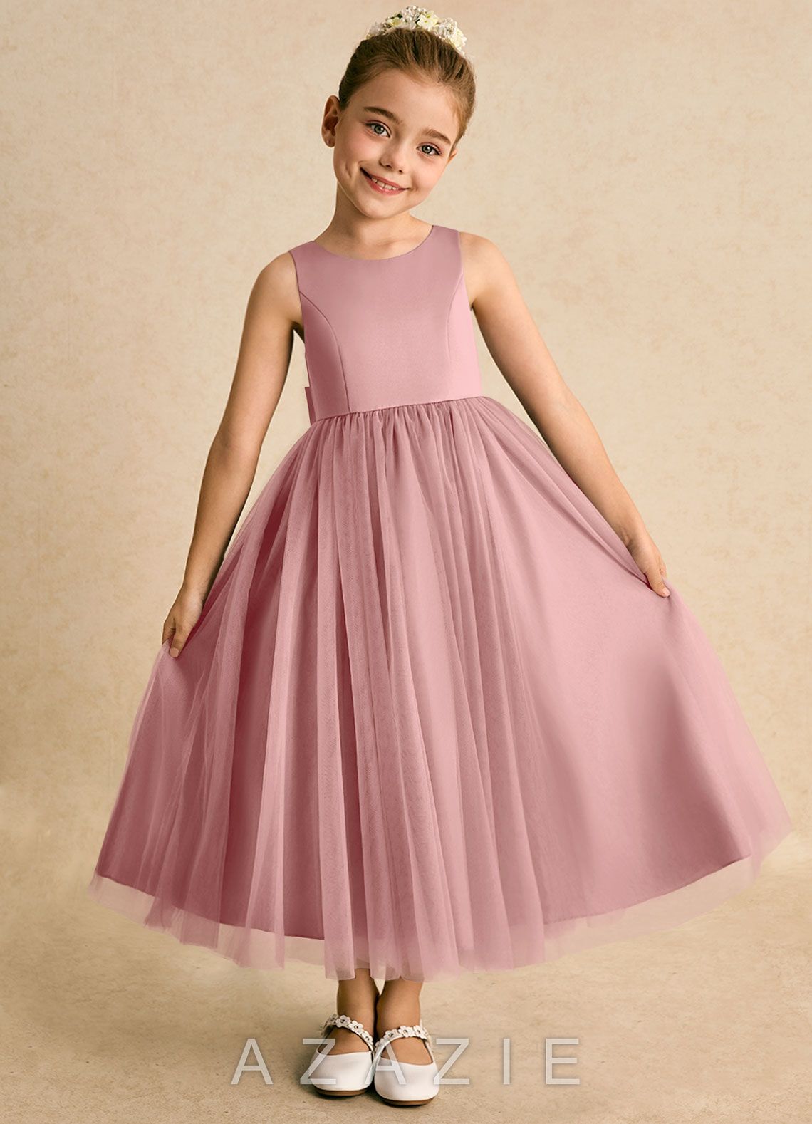 Azazie Solia Dusty Rose Ball-Gown Bow Tulle Dress dusty_rose