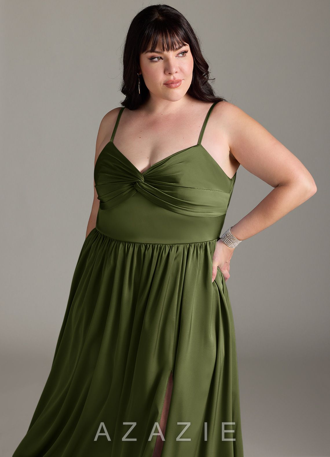 Azazie Zeya Olive A-Line Pleated Stretch Satin Dress olive