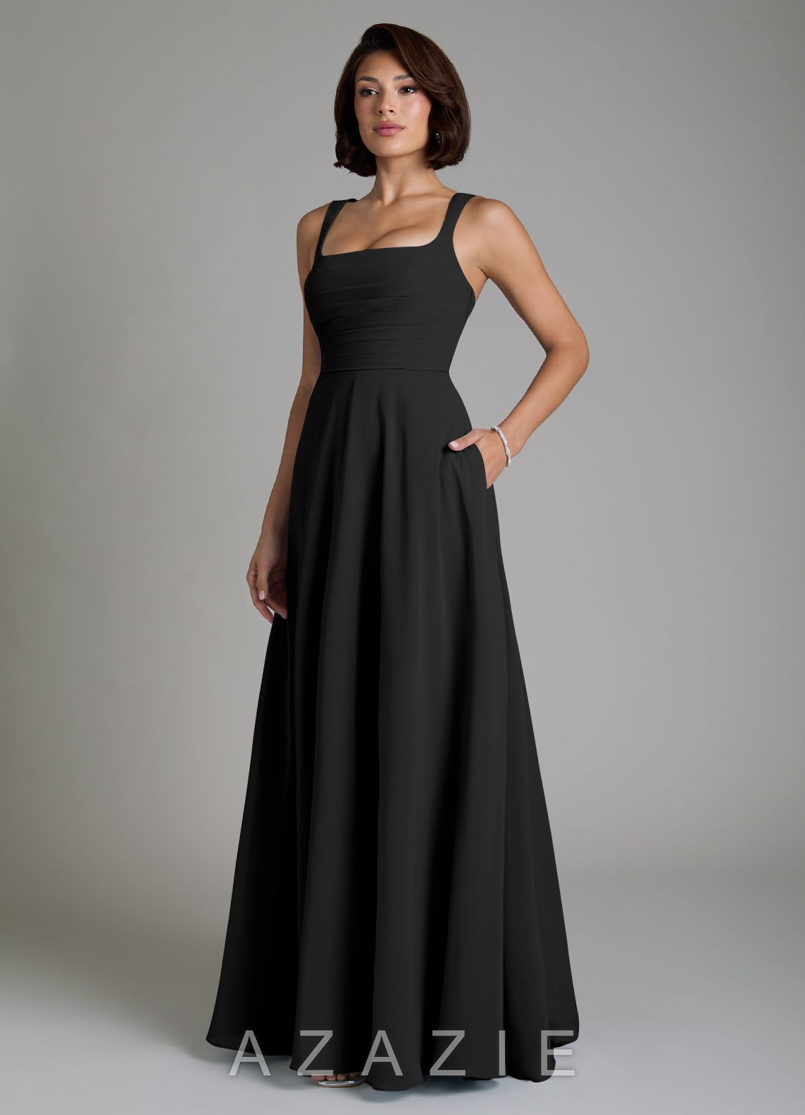 Azazie Azaria Black A-Line Corset Chiffon Dress black