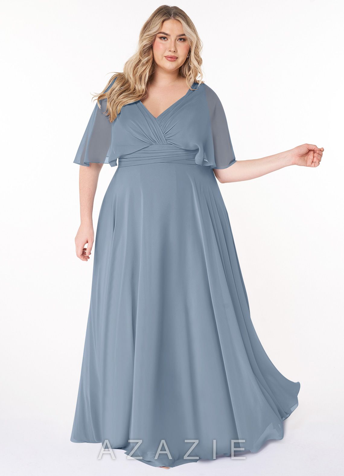 Azazie Pamela Dusty Blue A-Line V-Neck Pleated Chiffon Dress dusty_blue