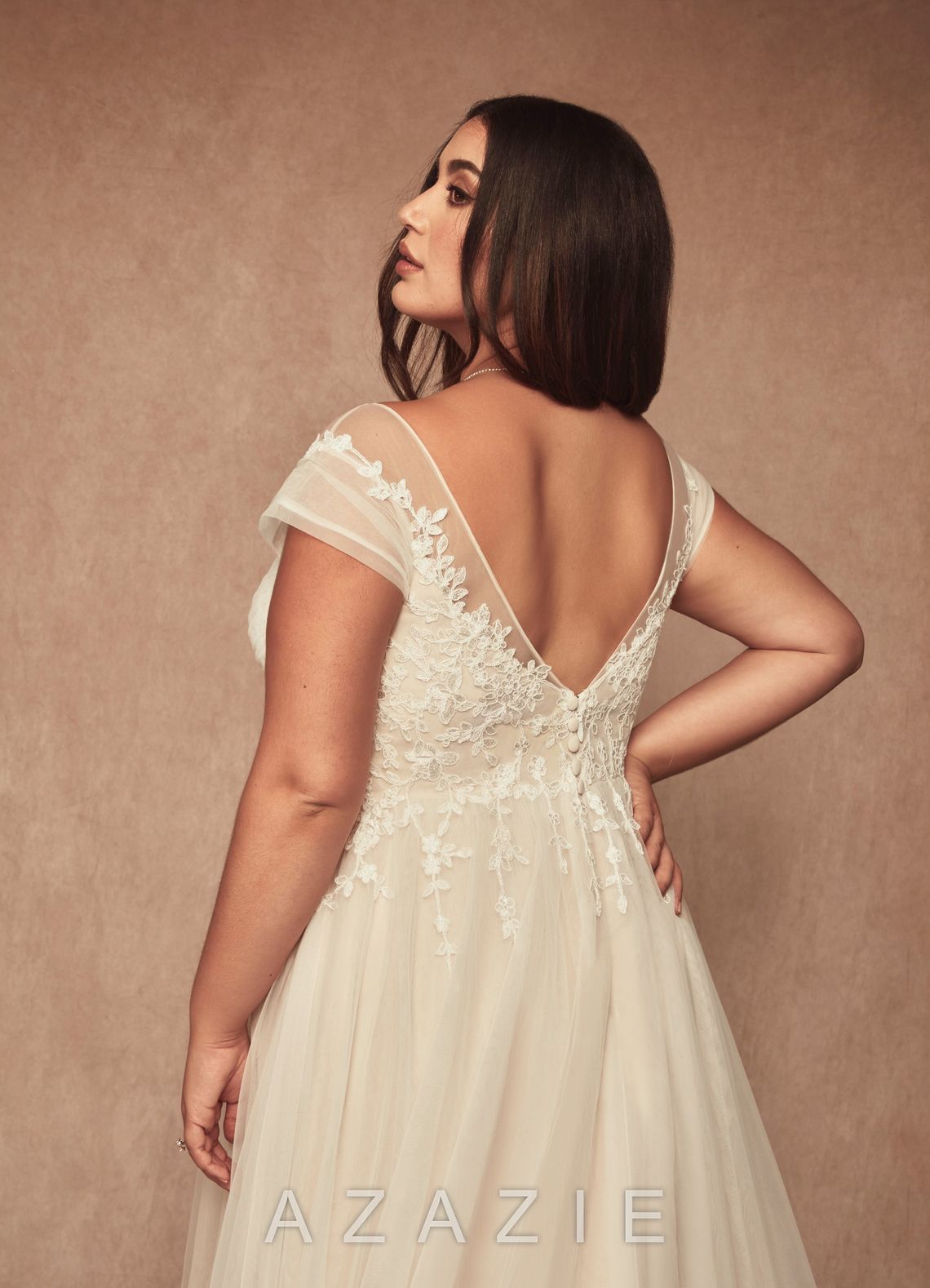 Azazie Bellisima Wedding Dress Diamond White Champagne A-Line V-Neck Tulle Dress diamond_white/champagne