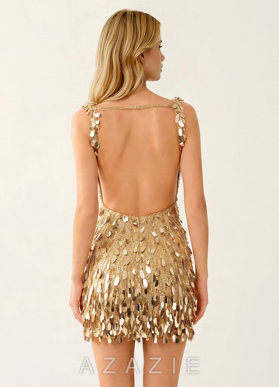 Viennejoie Champagne Beading Sequin Embroidery Open Back Mini Dress