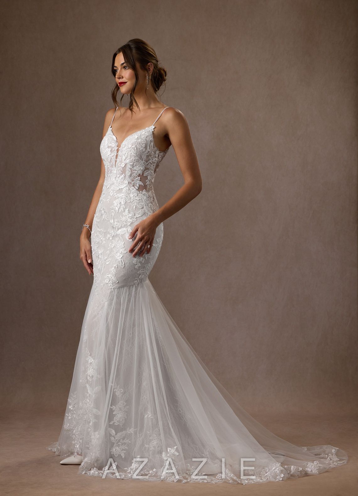 Azazie Leonie Wedding Dress Diamond White Mermaid V-Neck Sequins Tulle Dress diamond_white