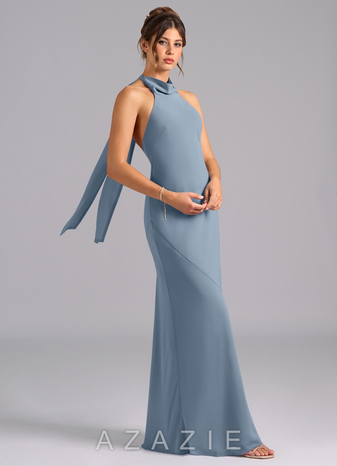 Azazie Velli Dusty Blue Mermaid High Neck Chiffon Dress dusty_blue