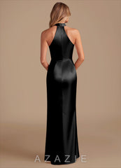 Azazie Karlotta Black Sheath Pleated Metallic Satin Dress black