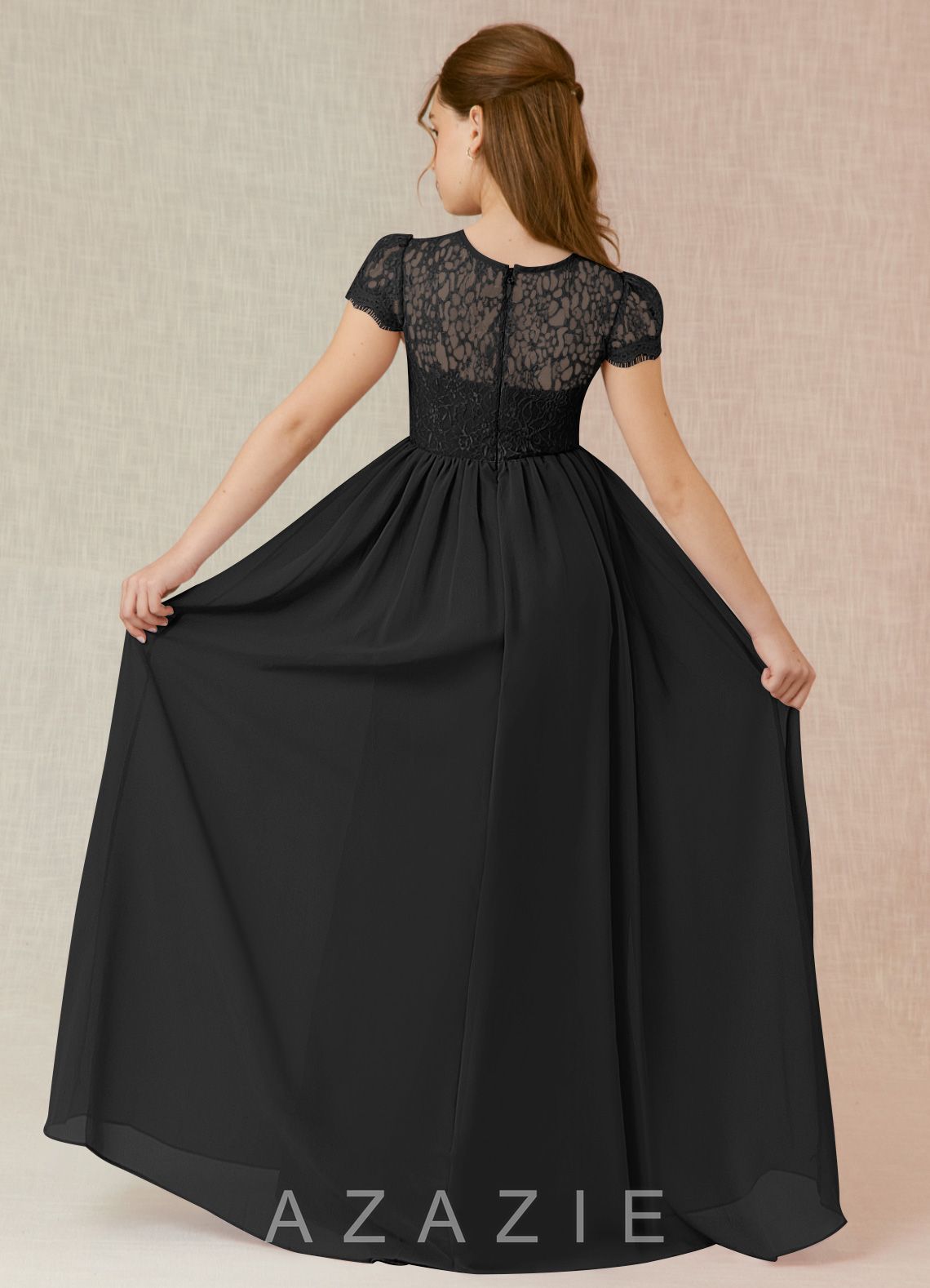 Azazie Delevingne Junior Black A-Line Lace Chiffon Dress black