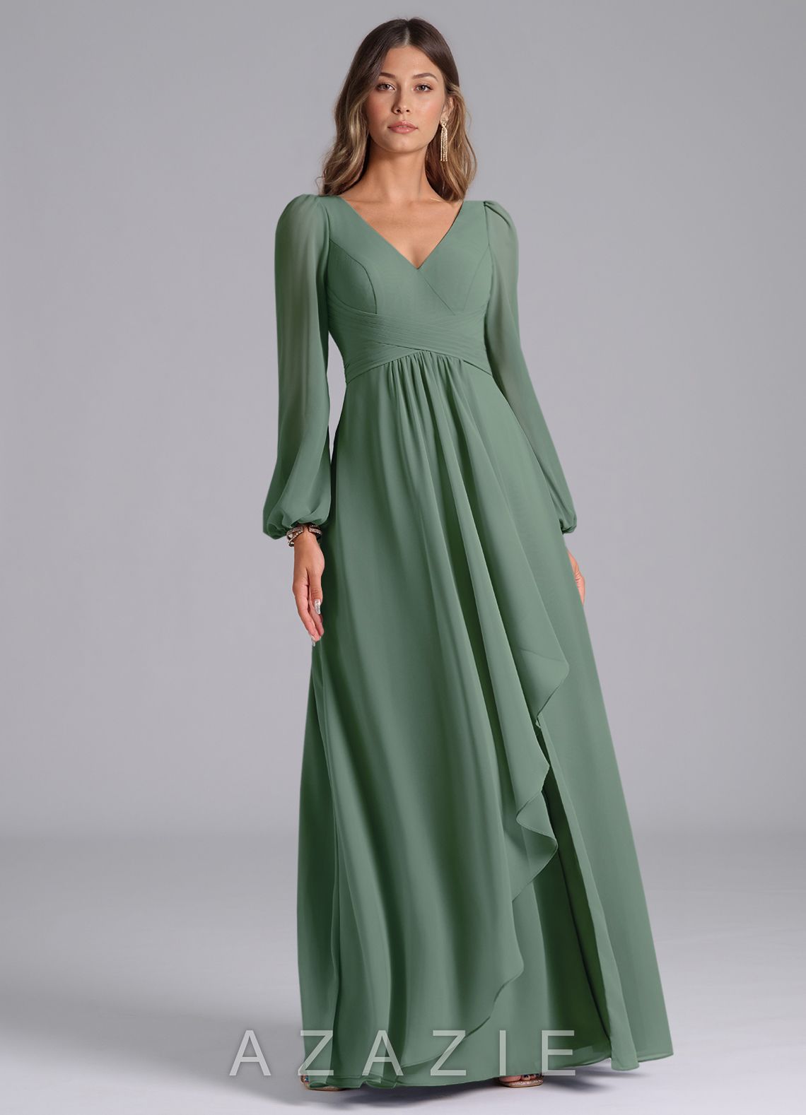 Azazie Liah Eucalyptus A-Line Long Sleeve Chiffon Dress eucalyptus