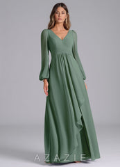 Azazie Liah Eucalyptus A-Line Long Sleeve Chiffon Dress eucalyptus