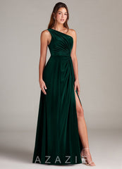 Azazie Brooke Emerald A-Line One Shoulder Velvet Dress emerald