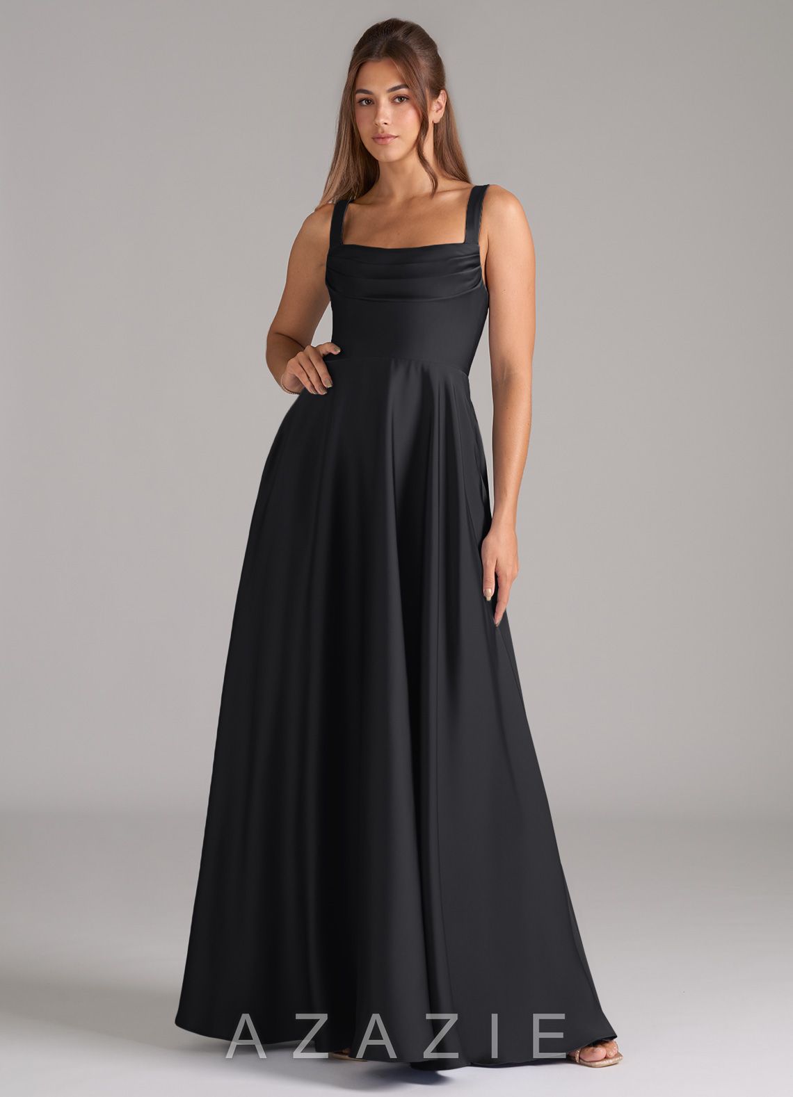 Azazie Shaude Black A-Line Pleated Stretch Satin Dress