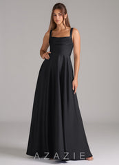 Azazie Shaude Black A-Line Pleated Stretch Satin Dress
