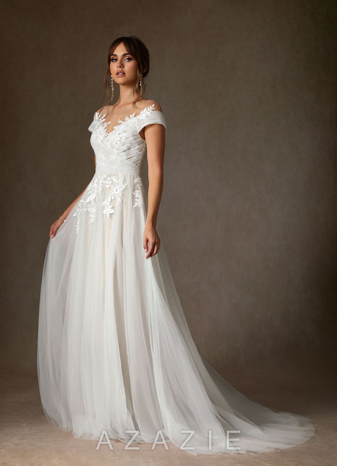 Azazie Cindy Wedding Dress Diamond White Champagne A-Line Illusion Off-The-Shouler Lace Tulle Dress diamond_white/champagne