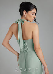 Azazie Torrance Agave Mermaid Corset Stretch Satin Dress agave