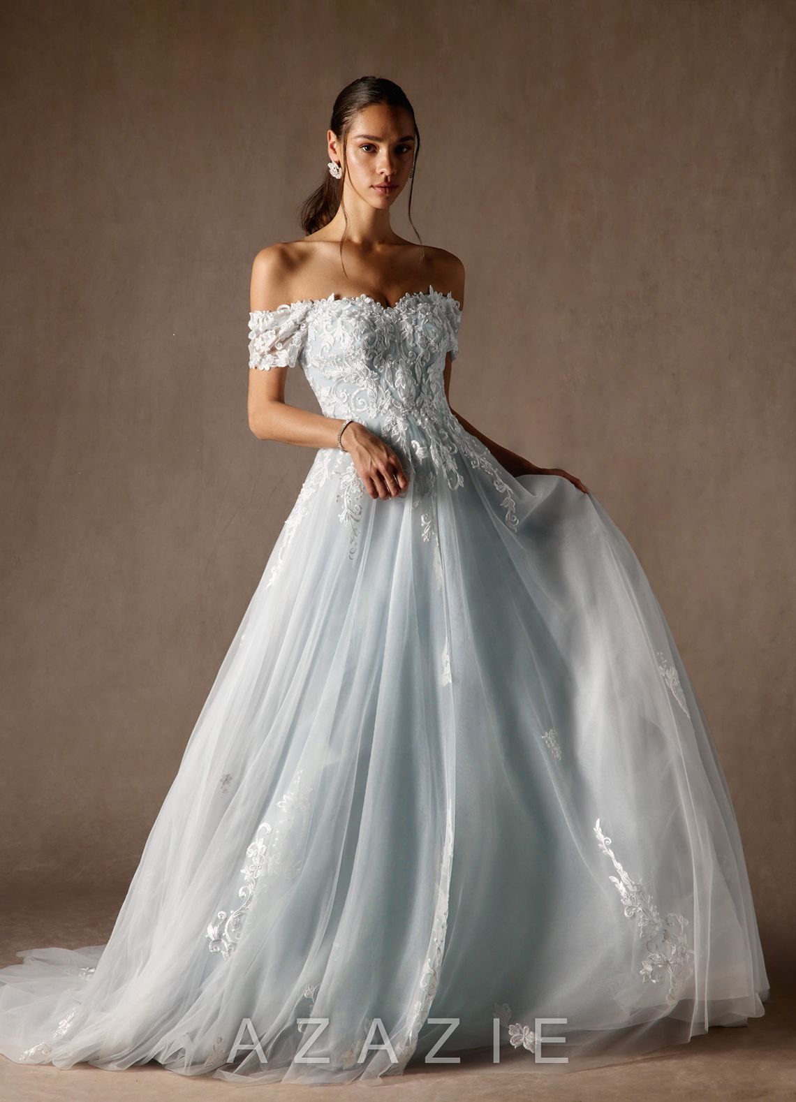 Azazie Rowe Wedding Dress Cloudy Blue Ball-Gown Off the Shoulder Tulle Dress