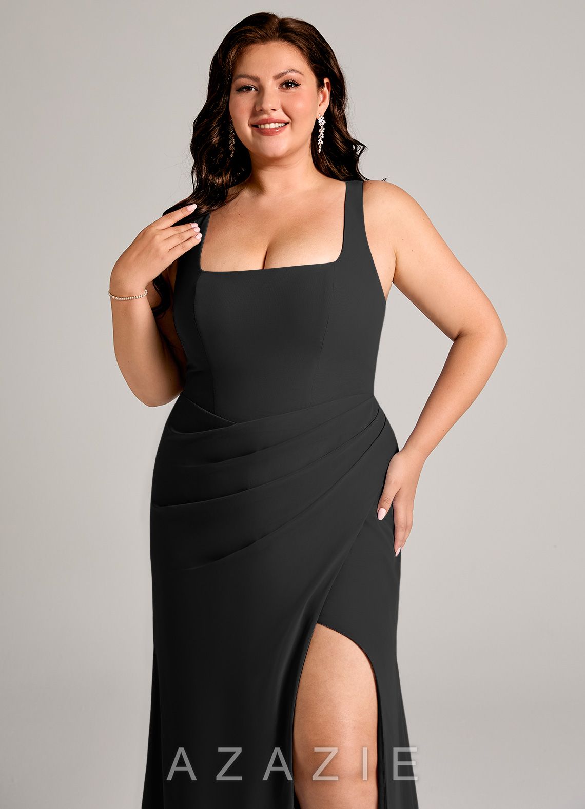 Azazie Mero Black Sheath Pleated Chiffon Dress black