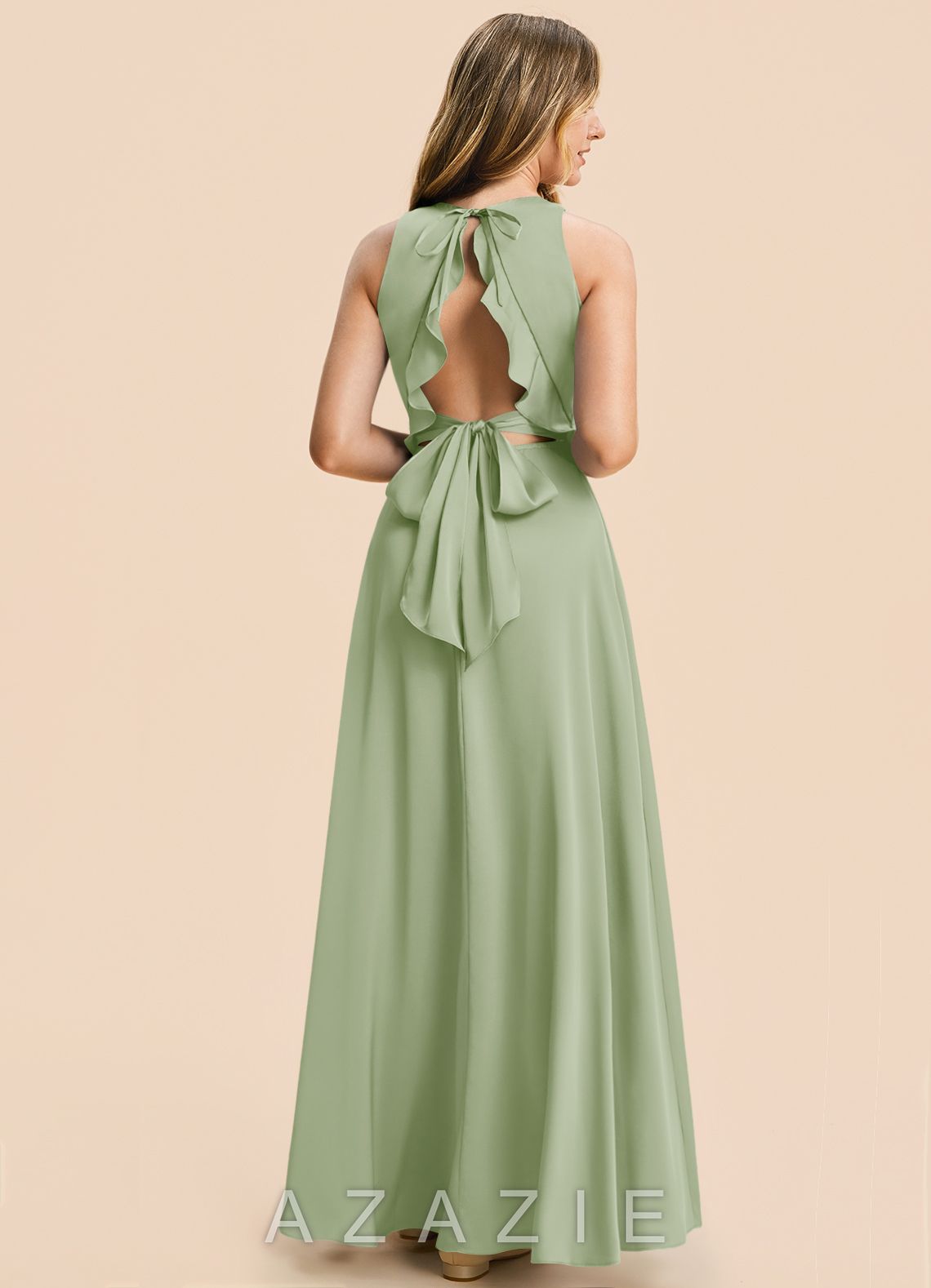 Azazie Christina Junior Dusty Sage A-Line Ruched Stretch Satin Dress dusty_sage
