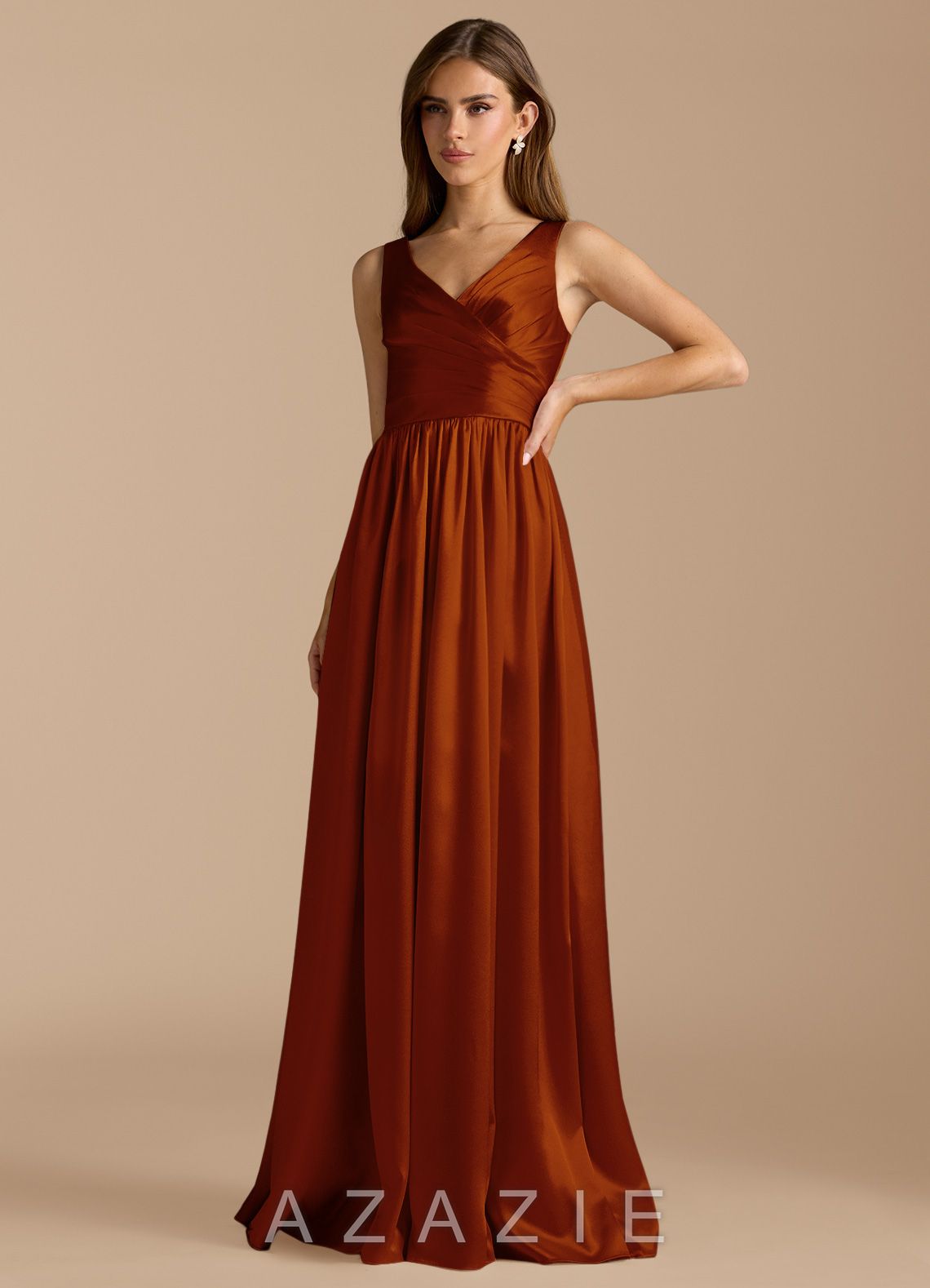 Azazie Keyla Auburn A-Line Pleated Metallic Satin Dress auburn