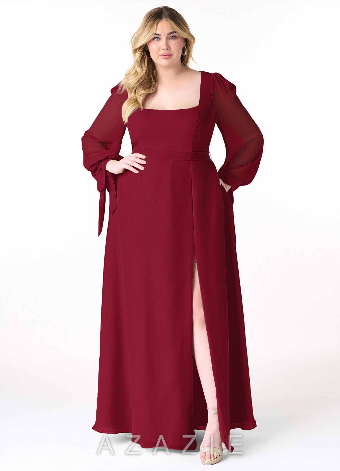 Azazie Leonia Burgundy A-Line Long Sleeve Chiffon Dress burgundy