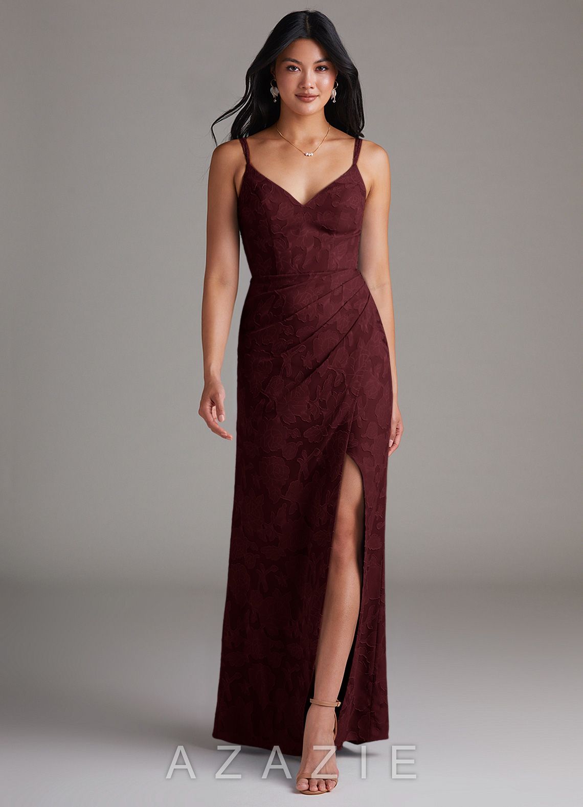 Azazie Leo Cabernet Sheath Pleated Floral Burnout Dress cabernet