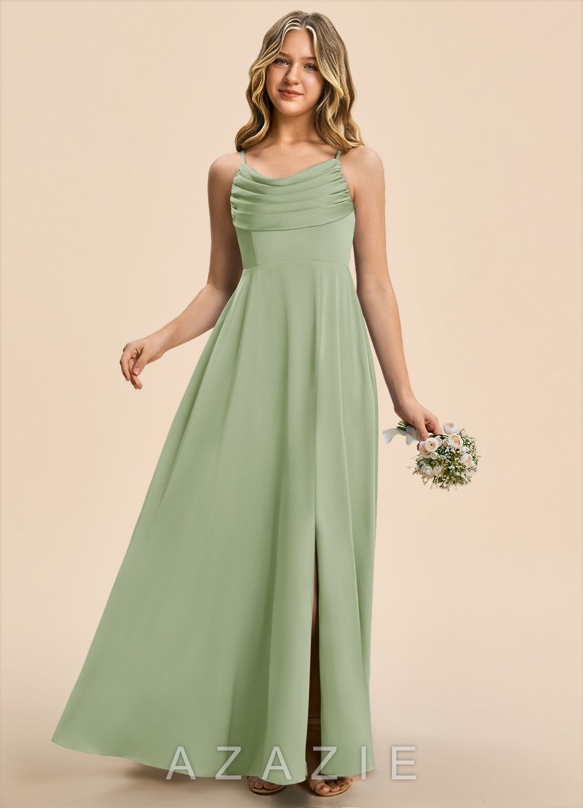 Azazie Gia Junior Dusty Sage A-Line Pleated Stretch Satin Dress dusty_sage