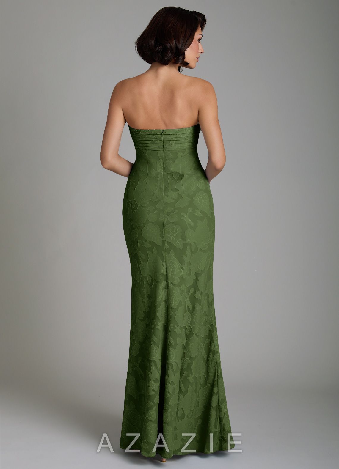 Azazie Saylor Olive Mermaid Strapless Floral Burnout Convertible Dress olive