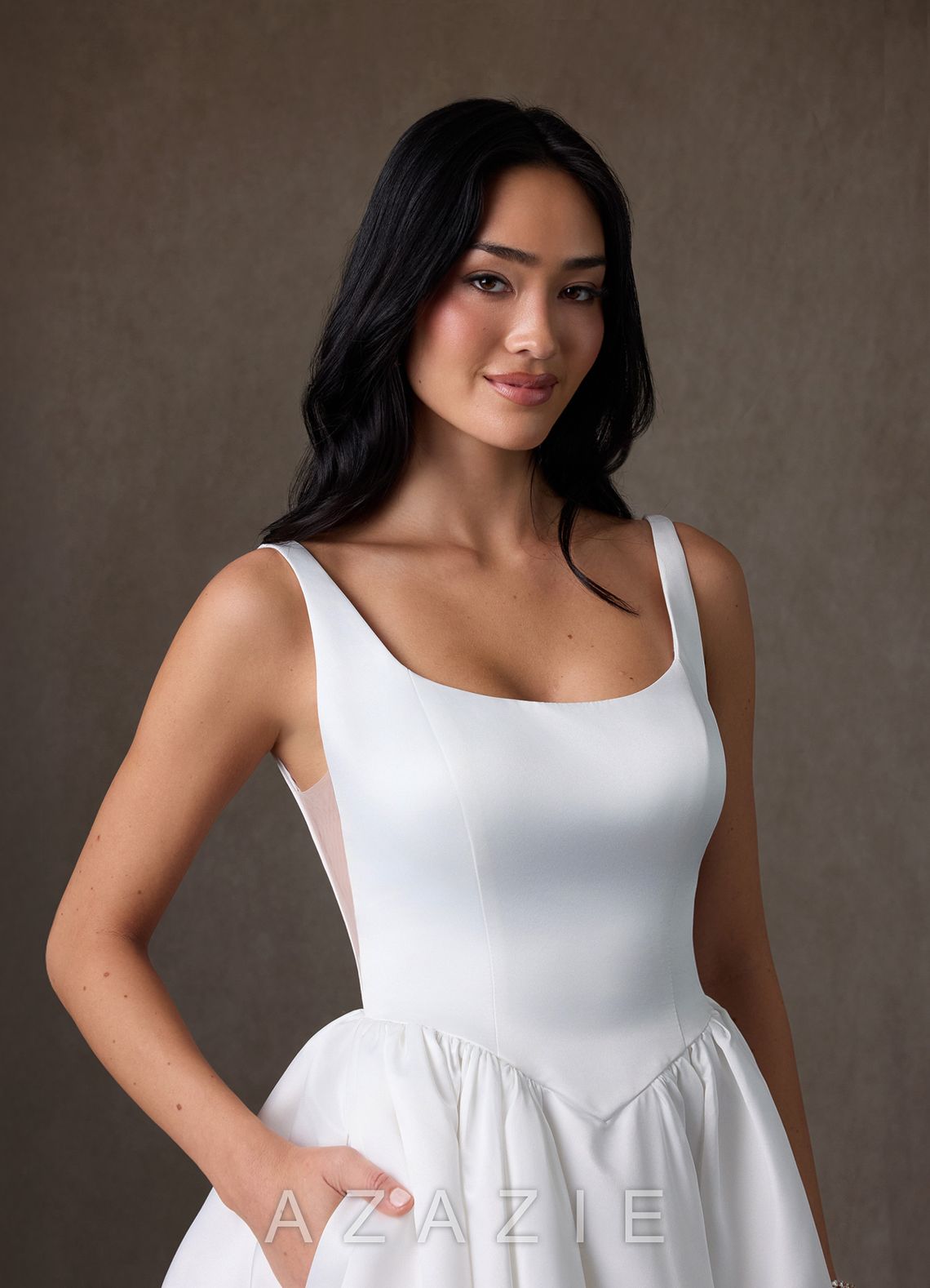 Azazie Skylin Diamond White Ball-Gown with Pockets Satin Dress diamond_white
