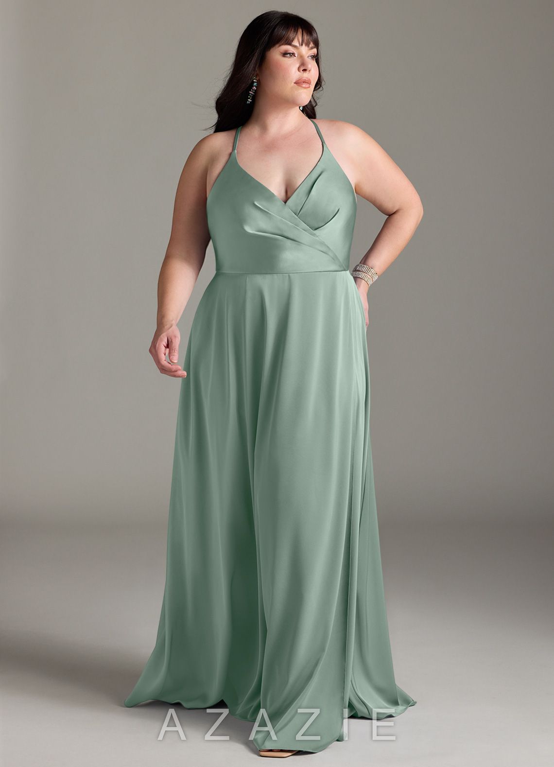 Azazie Davis Agave A-Line Pleated Stretch Satin Dress agave