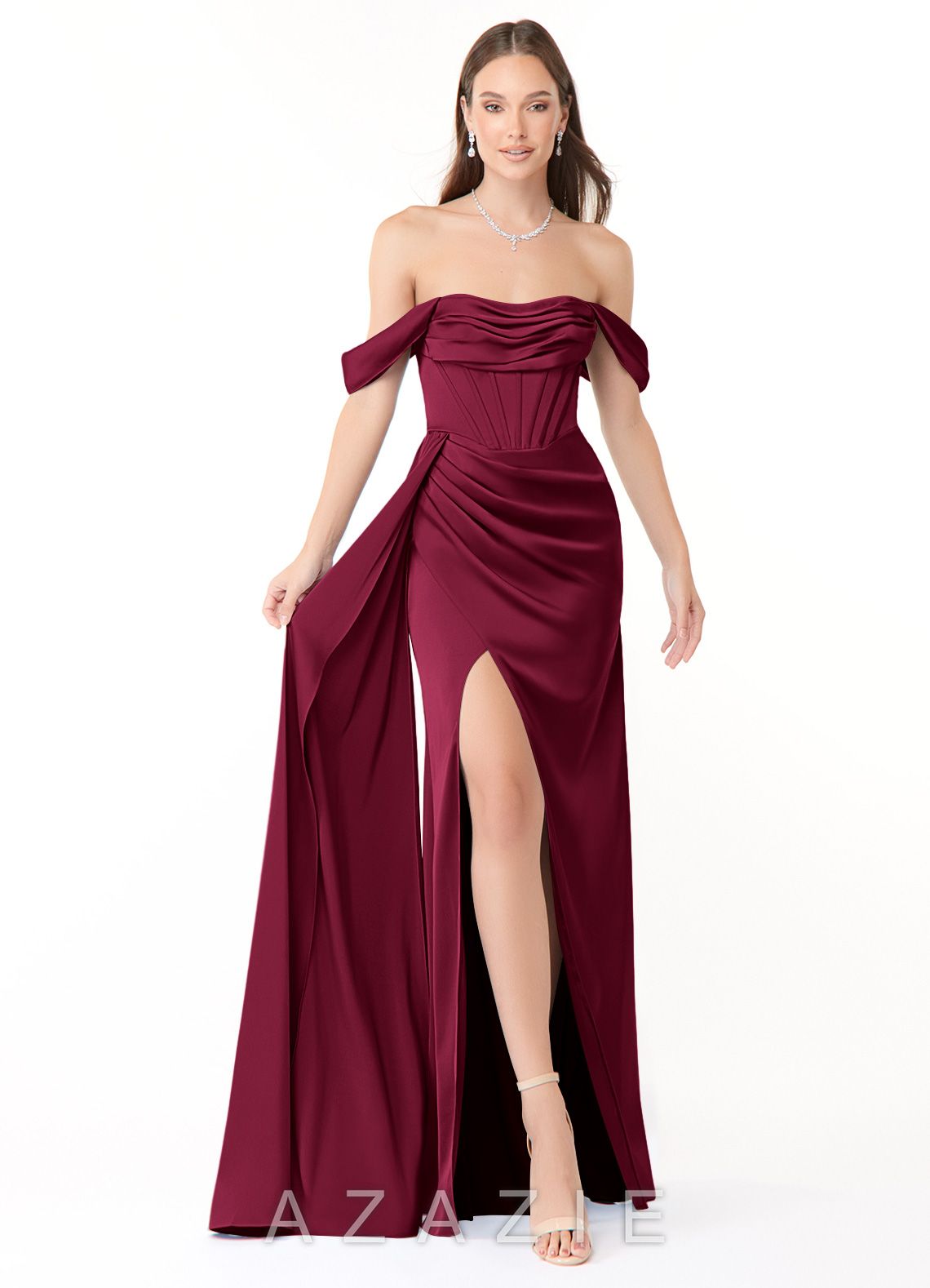 Azazie Amyra Burgundy Mermaid Off the Shoulder Stretch Satin Convertible Dress