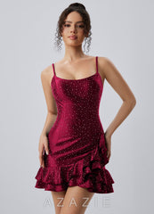 Katerina Burgundy Spaghetti Strap Satin Rhinestone Ruffle Lace-Up Mini Dress