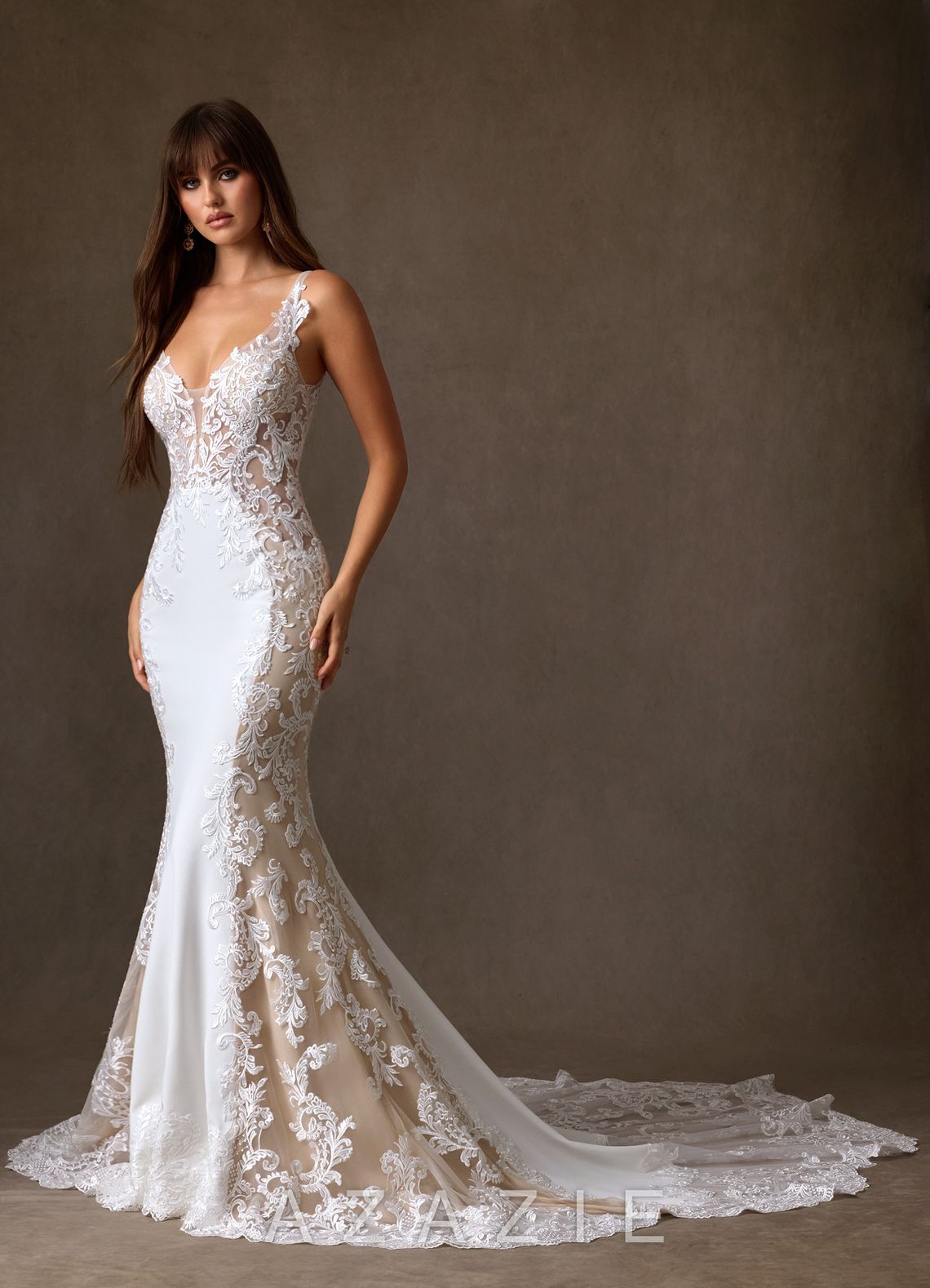 Azazie Estephanie Wedding Dress Diamond White Nude Mermaid Sequins Stretch Crepe Dress diamond_white/nude