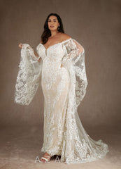 Azazie Memphis Wedding Dress Diamond White Nude Mermaid V-Neck Sequins Lace Dress diamond_white/nude