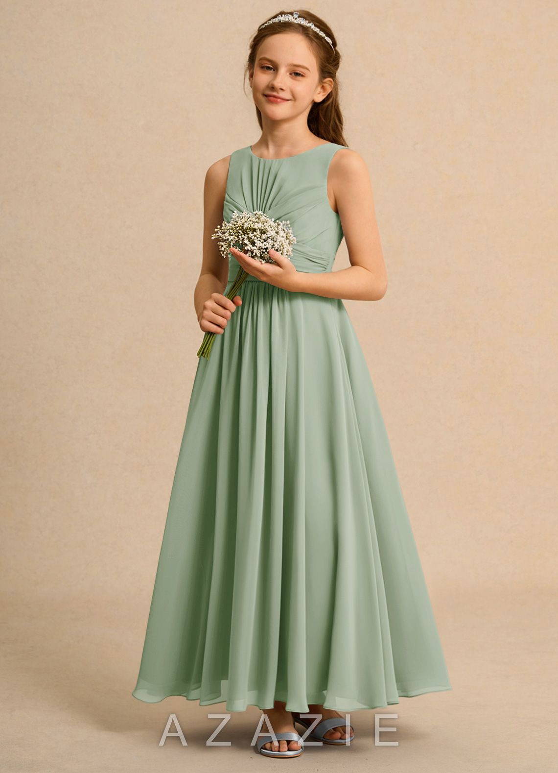 Azazie Ducky Girls Formal Dusty Sage A-Line Pleated Chiffon Dress dusty_sage