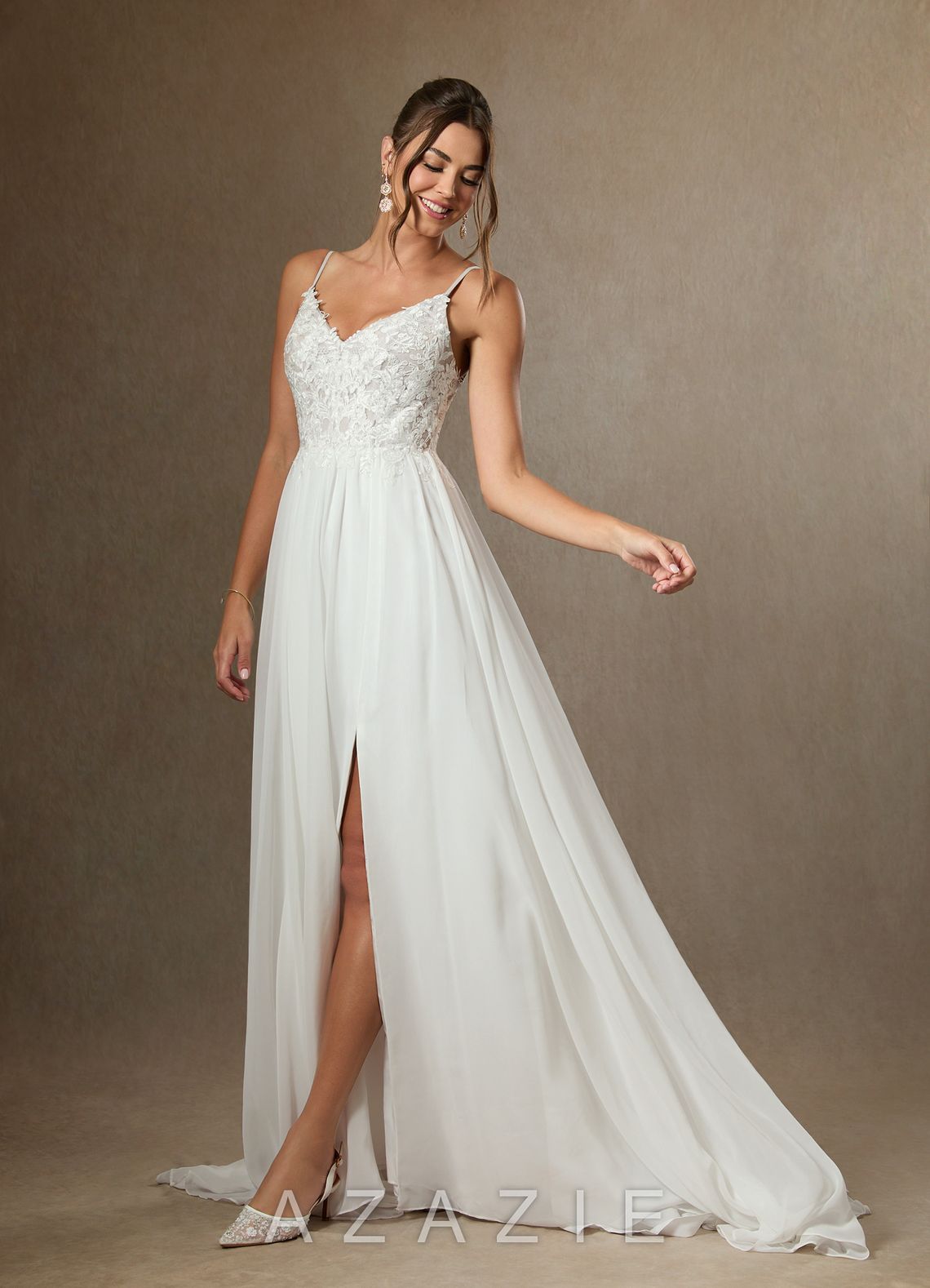 Azazie Gala Wedding Dress Diamond White A-Line Lace Chiffon Dress diamond_white