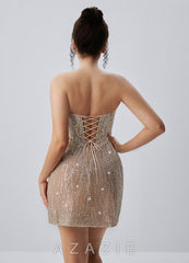 Lorraine Champagne Strapless Vertical Sequin Corset Lace-Up Mini Dress