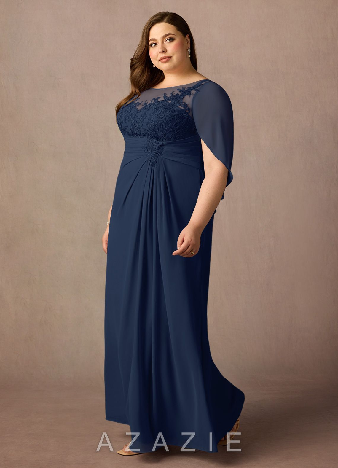 Azazie Hera Dark Navy A-Line Lace Capelet Chiffon Dress dark_navy