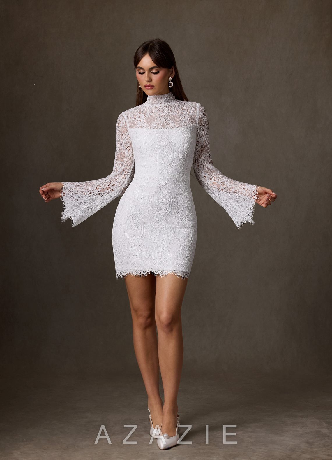 Azazie Ivie Diamond White Sheath High Neck Lace Dress diamond_white