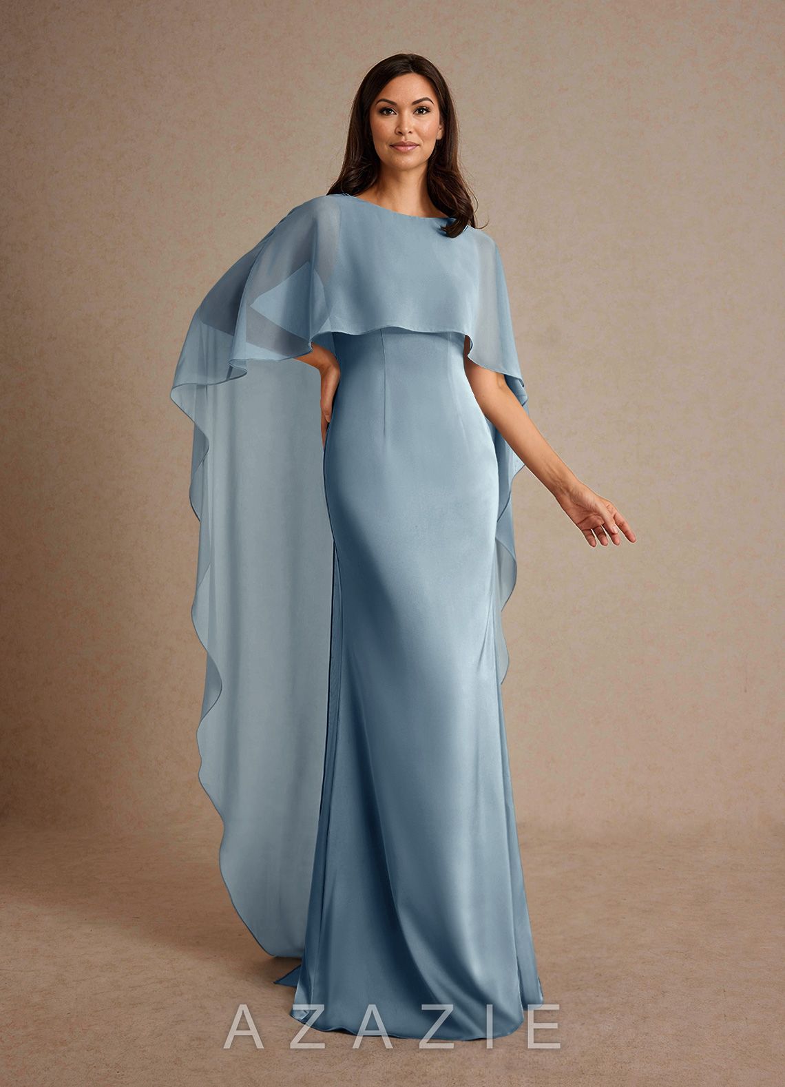 Azazie Milfred Dusty Blue Sheath Boatneck Stretch Satin Dress dusty_blue
