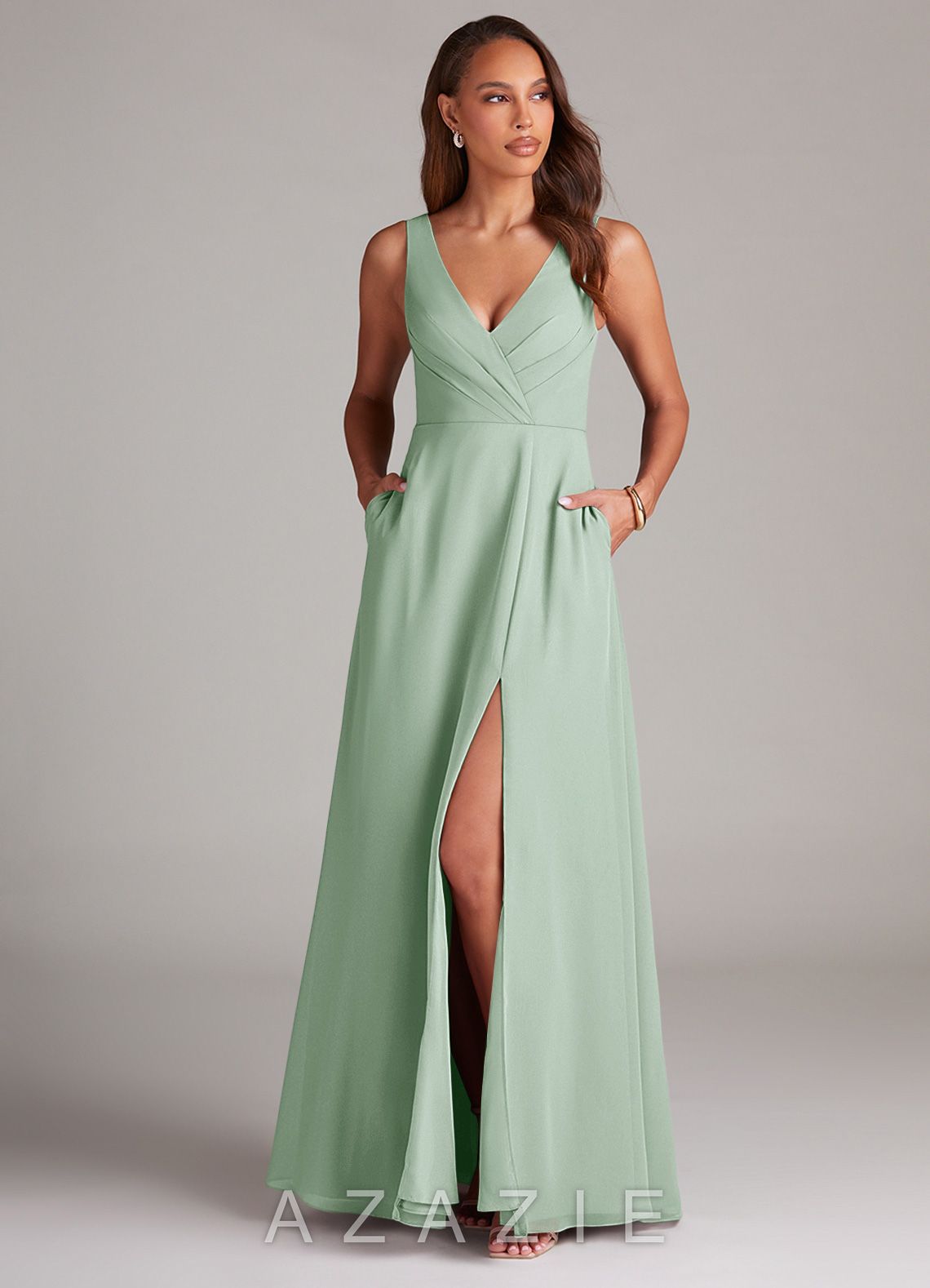 Azazie Nelly Agave A-Line Pleated Chiffon Dress agave