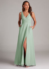 Azazie Nelly Agave A-Line Pleated Chiffon Dress agave